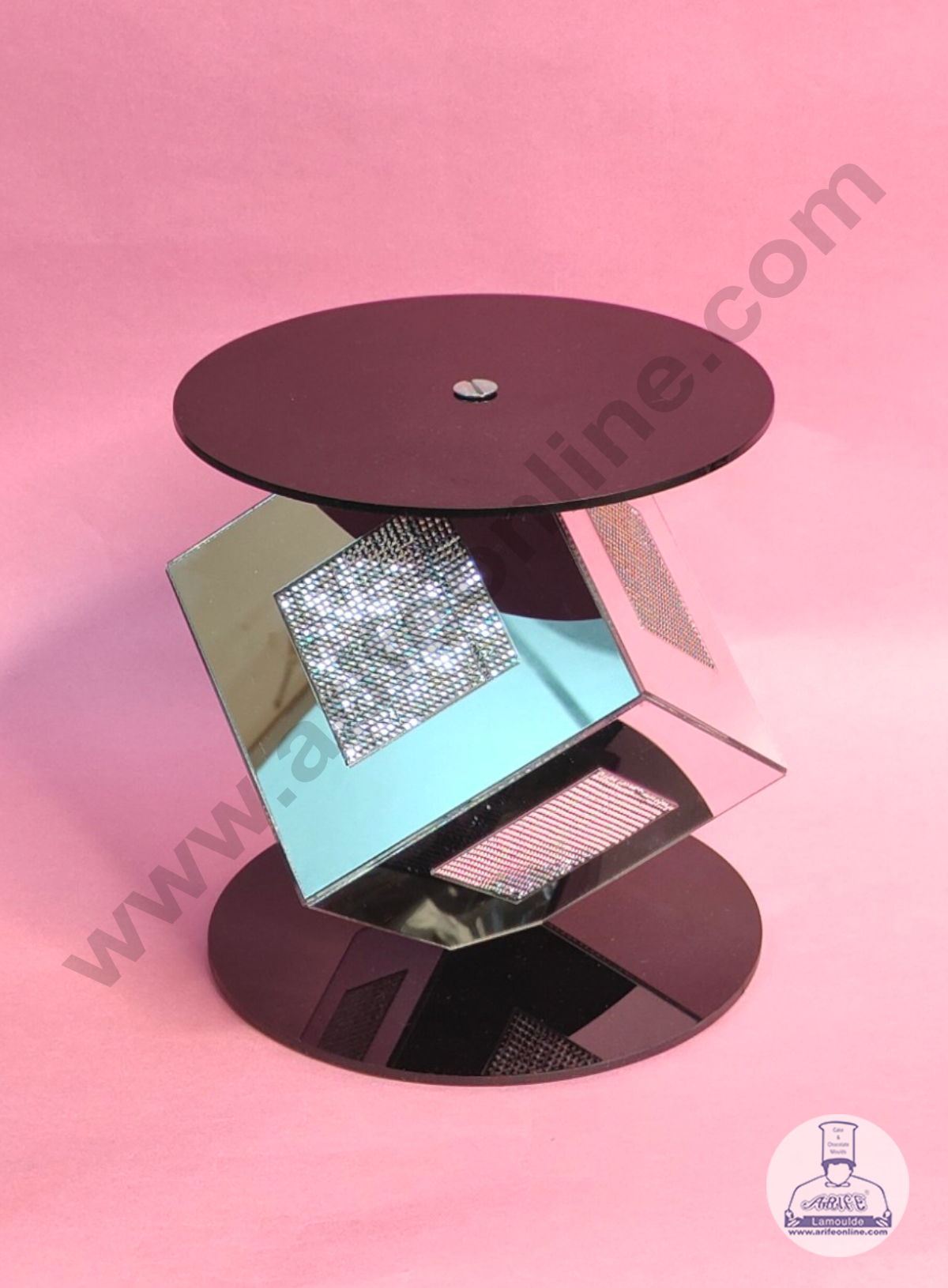 Silver Mirror Square Cake Spacer with Diamond Design For Cake Decoration - Base 6 inch X Height 6 inch  (MOQ 12 PCS)