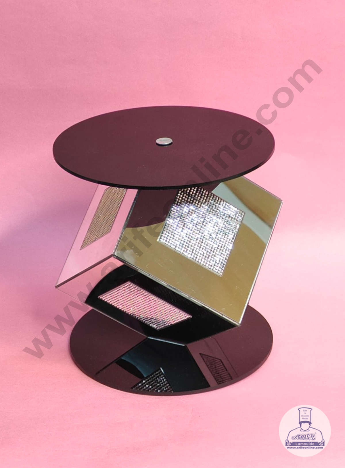 Silver Mirror Square Cake Spacer with Diamond Design For Cake Decoration - Base 6 inch X Height 6 inch  (MOQ 12 PCS)