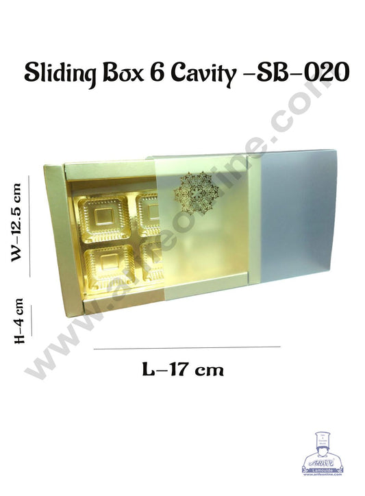 6 Cavity Chocolate Box with Sliding Cover & Cavity ( 10 Piece Pack ) - Gold (MOQ 12 PCS)