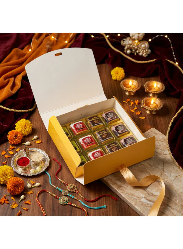 Small Raksha Bandhan Design Hamper Box With Ribbon - Chrome (7.5x6x2 Inch) | Rakhi Gift Box (SBBK-95-C) - (MOQ 100 PCS)