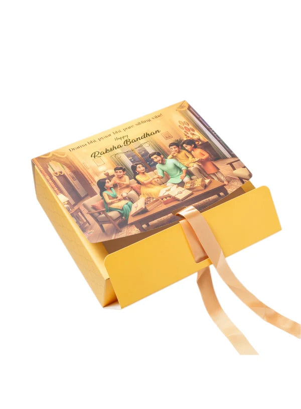 Small Raksha Bandhan Design Hamper Box With Ribbon - Chrome (7.5x6x2 Inch) | Rakhi Gift Box (SBBK-95-C) - (MOQ 100 PCS)