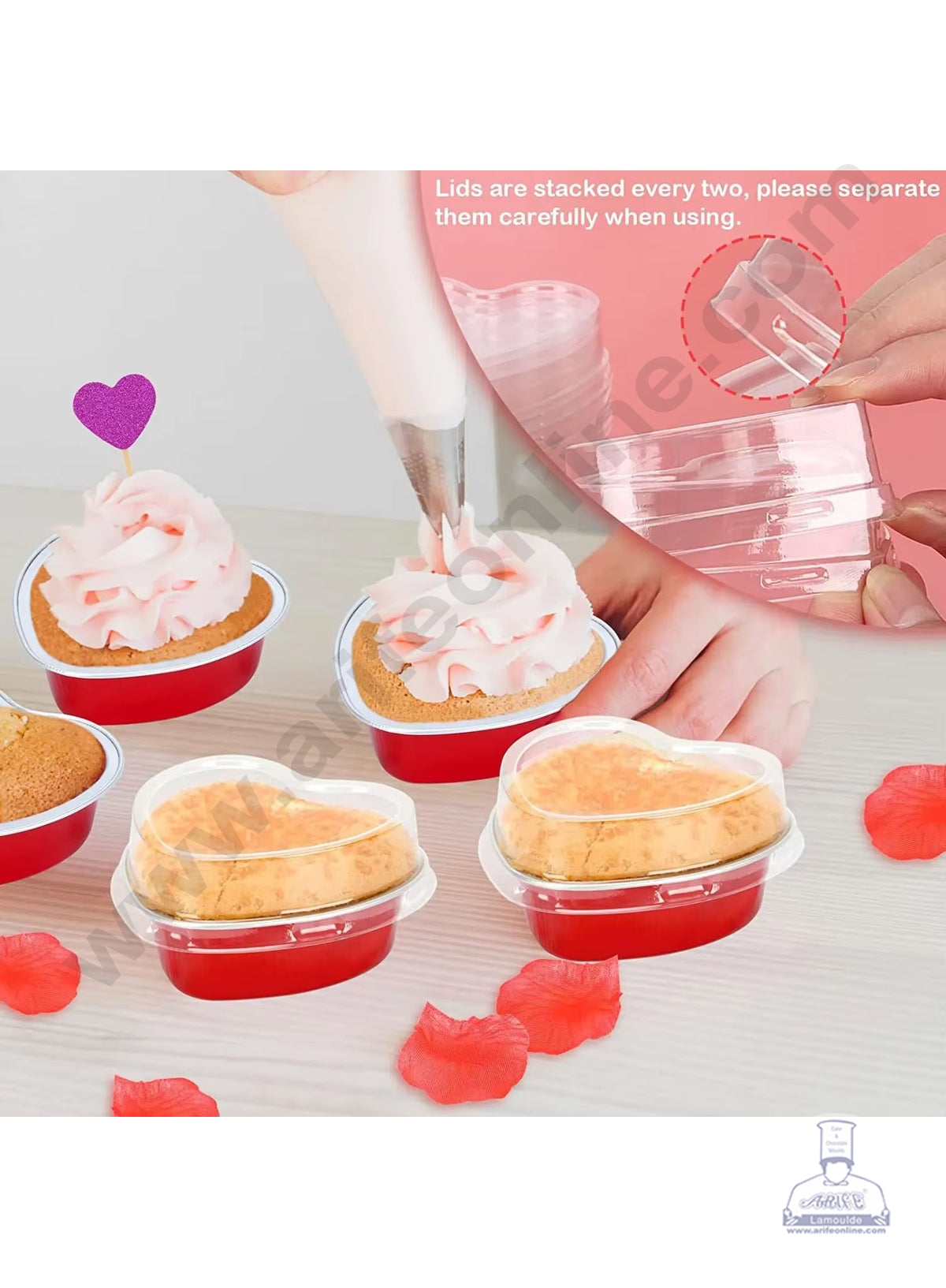 Heart Shape Aluminium Tin Foil Bake & Serve Cup with Lid | Aluminium Containers | Non-Stick Foil Baking Cups - Red - 2000 Pcs per cartoon (MOQ 1 CRTN)(O)