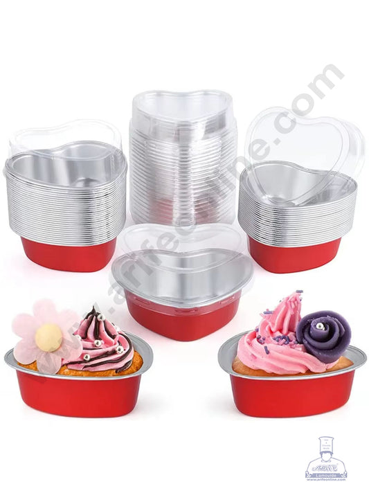 Heart Shape Aluminium Tin Foil Bake & Serve Cup with Lid | Aluminium Containers | Non-Stick Foil Baking Cups - Red - 2000 Pcs per cartoon (MOQ 1 CRTN)(O)