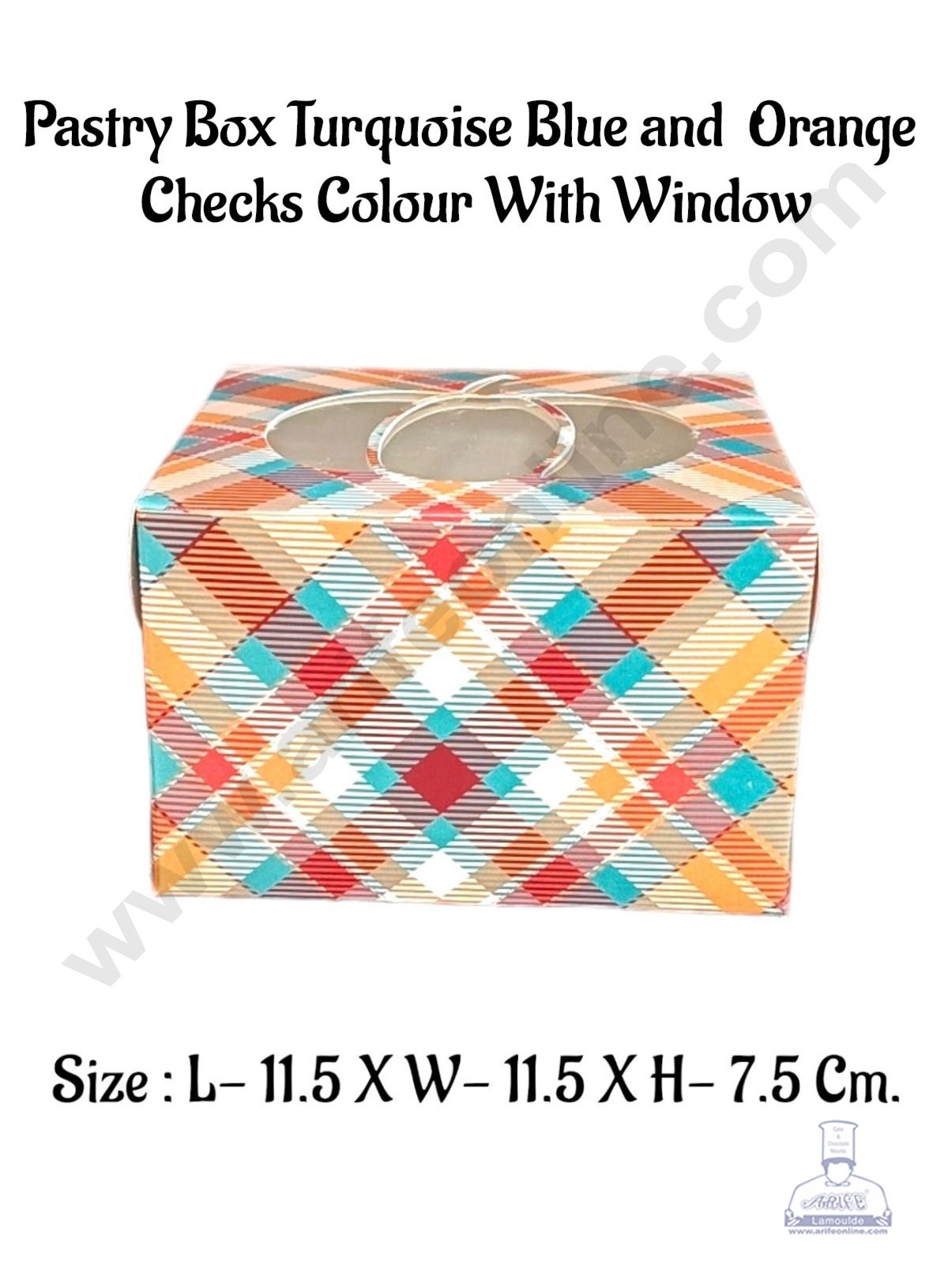 Pastry Box Turquoise Blue And Orange Checks  Colour With Window (Pack of 10 Pcs) (MOQ 12 PACK)