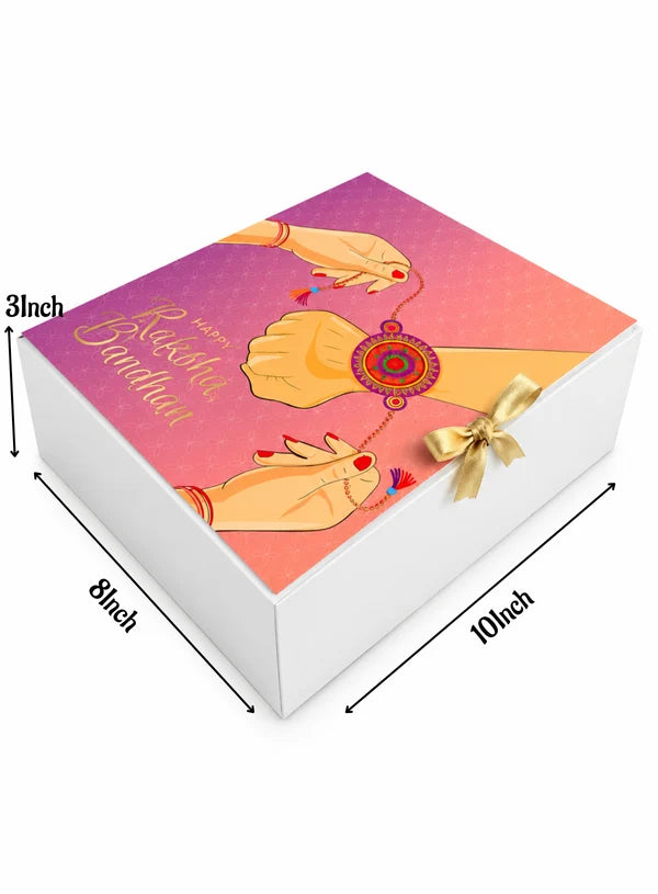 Traditional Rakhi Print Happy Raksha Bandhan Hamper Box Book Style With Ribbon - (10x8x3 Inch) (SBBK-BSH-PP) - (MOQ 100 PCS)