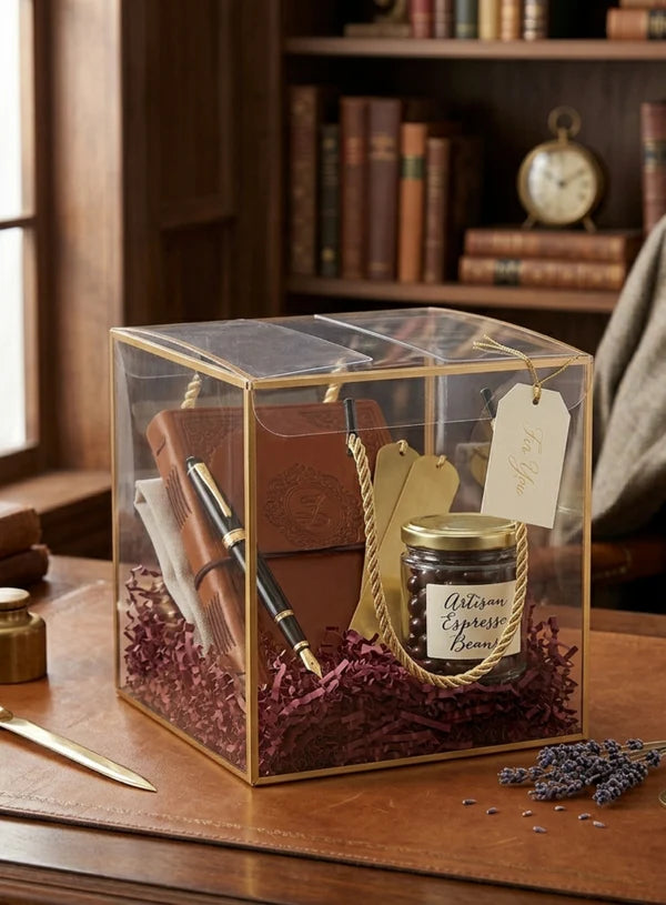 Transparent PVC Gift Box With Twisted Handle & Golden Border Big Square (21 X 21 X 21 cm) – Hamper Packaging Box (Big-212121)   (MOQ 100 PCS) (ED)