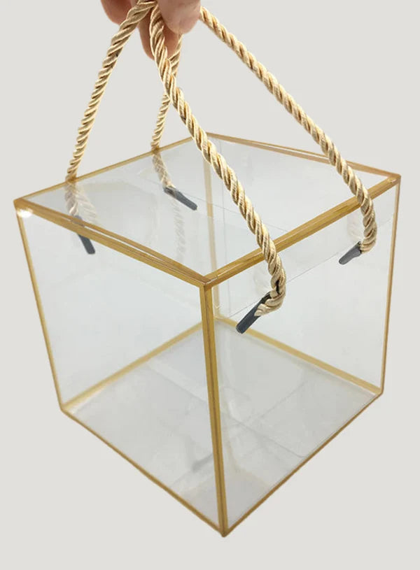 1 Pcs Transparent PVC Gift Box With Twisted Handle & Golden Border Small Square (12 X 12 X 12 cm) – Hamper Packaging Box (S-121212)  (MOQ 100 PCS)  (RD)