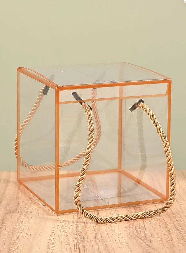 Transparent PVC Gift Box With Twisted Handle & Golden Border Big Square (21 X 21 X 21 cm) – Hamper Packaging Box (Big-212121)   (MOQ 100 PCS) (ED)