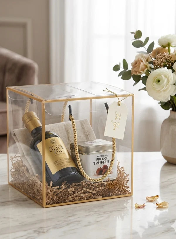 Transparent PVC Gift Box With Twisted Handle & Golden Border Big Square (21 X 21 X 21 cm) – Hamper Packaging Box (Big-212121)   (MOQ 100 PCS) (ED)