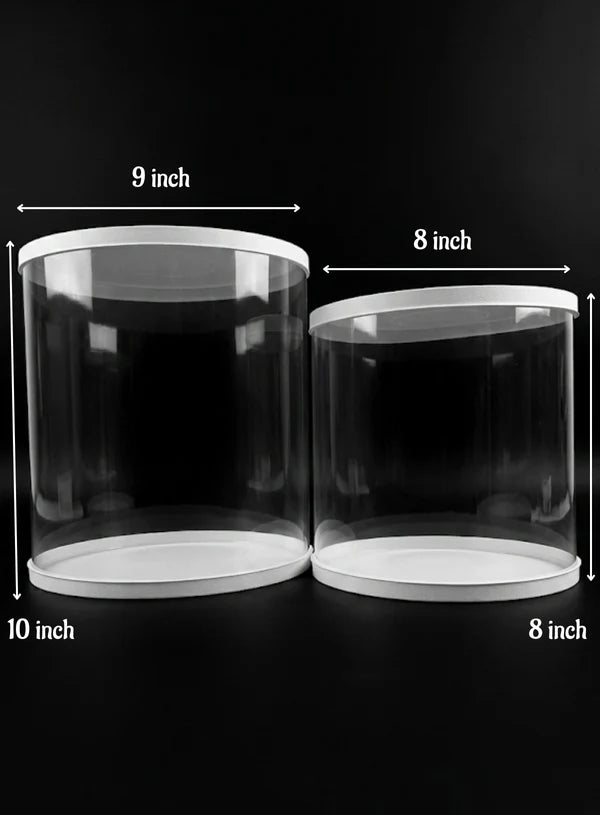 Transparent Round 10 & 8 Inch Pinata Cake Boxes with White Base Lid (2 Pcs) | Pull Me Up Cake Box | Hamper Gift Box | Clear Packaging For Tall Cakes (SBBXT-10-8)  (ADD)