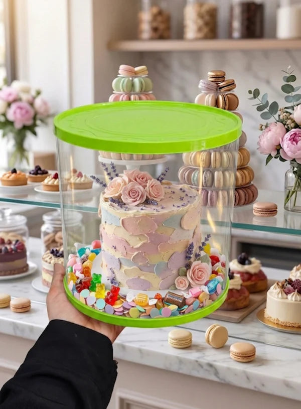 Transparent Round 10 & 8 Inch Pinata Cake Boxes with Green Base Lid (2 Pcs) | Pull Me Up Cake Box | Hamper Gift Box | Clear Packaging For Tall Cakes (SBBXT-10-8-G) (MOQ 12 PCS) (ADD)