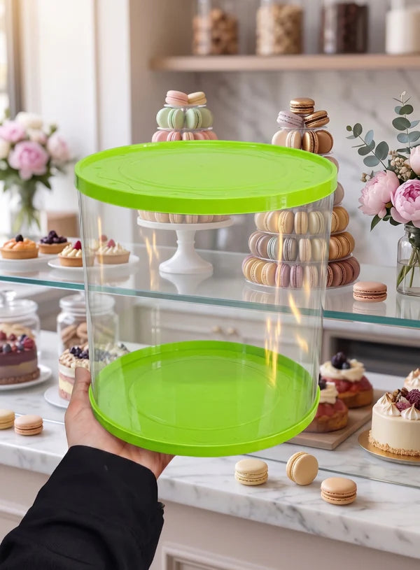 Transparent Round 10 & 8 Inch Pinata Cake Boxes with Green Base Lid (2 Pcs) | Pull Me Up Cake Box | Hamper Gift Box | Clear Packaging For Tall Cakes (SBBXT-10-8-G) (MOQ 12 PCS) (ADD)