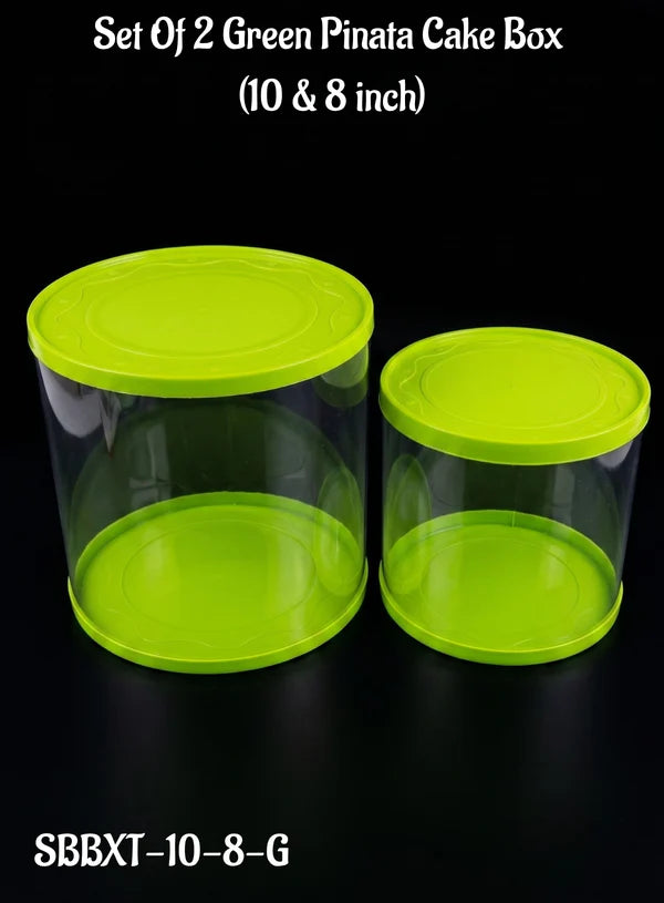 Transparent Round 10 & 8 Inch Pinata Cake Boxes with Green Base Lid (2 Pcs) | Pull Me Up Cake Box | Hamper Gift Box | Clear Packaging For Tall Cakes (SBBXT-10-8-G) (MOQ 12 PCS) (ADD)