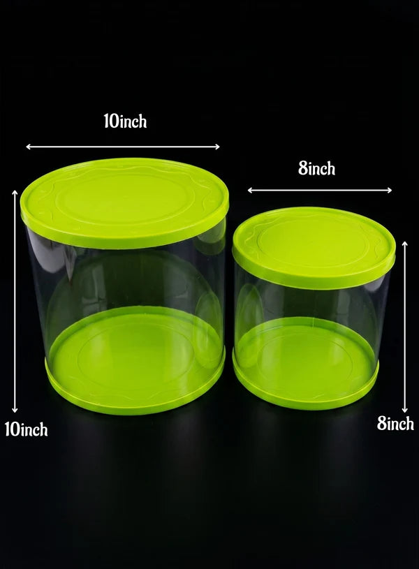 Transparent Round 10 & 8 Inch Pinata Cake Boxes with Green Base Lid (2 Pcs) | Pull Me Up Cake Box | Hamper Gift Box | Clear Packaging For Tall Cakes (SBBXT-10-8-G) (MOQ 12 PCS) (ADD)