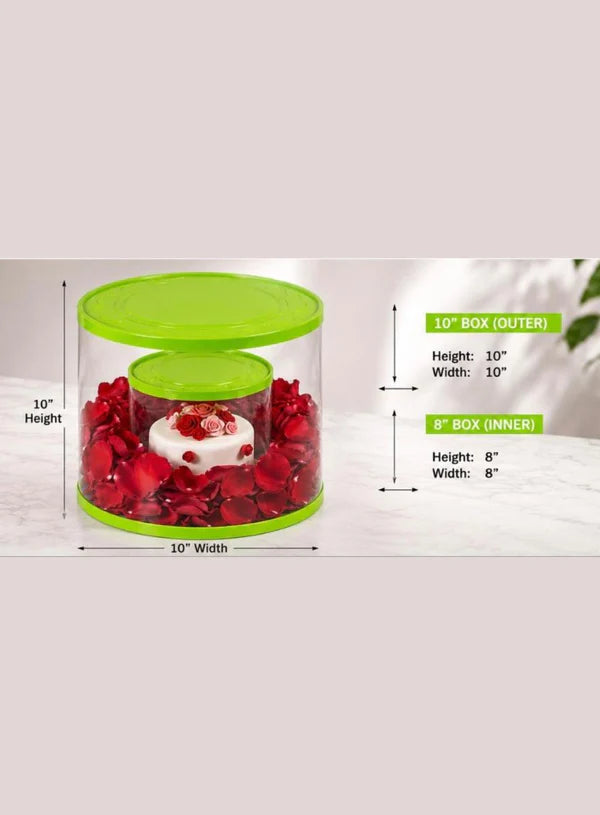 Transparent Round 10 & 8 Inch Pinata Cake Boxes with Green Base Lid (2 Pcs) | Pull Me Up Cake Box | Hamper Gift Box | Clear Packaging For Tall Cakes (SBBXT-10-8-G) (MOQ 12 PCS) (ADD)