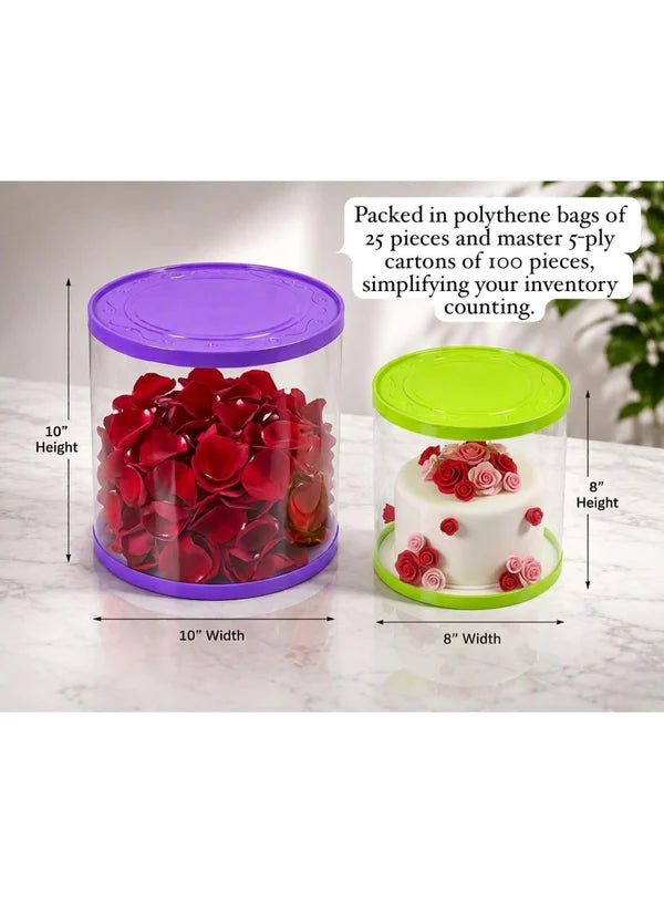 Transparent Round 10 & 8 Inch Pinata Cake Boxes with Purple Base Lid (2 Pcs) | Pull Me Up Cake Box | Hamper Gift Box | Clear Packaging For Tall Cakes (SBBXT-10-8-P) - (MOQ 12 PCS) (ADD)