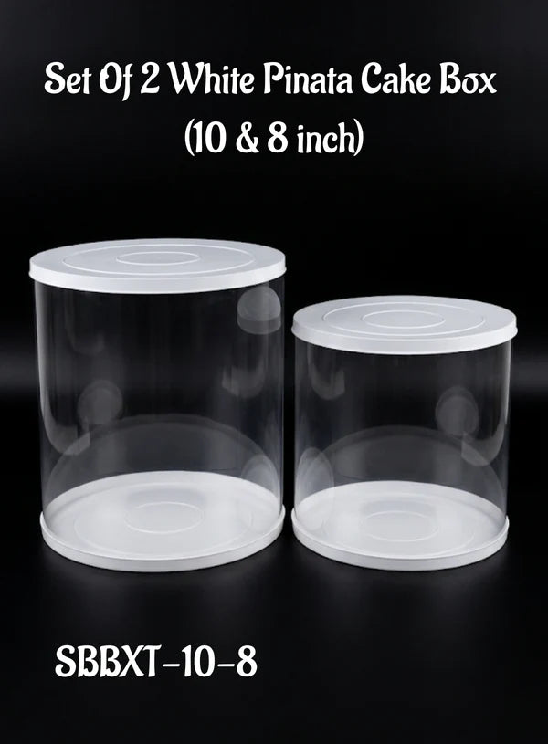 Transparent Round 10 & 8 Inch Pinata Cake Boxes with White Base Lid (2 Pcs) | Pull Me Up Cake Box | Hamper Gift Box | Clear Packaging For Tall Cakes (SBBXT-10-8)  (ADD)