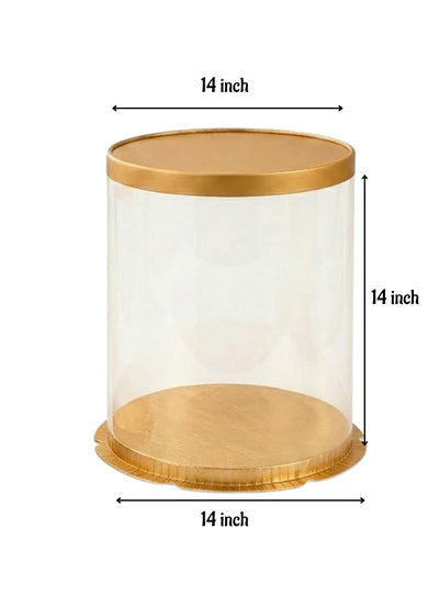 Transparent Round Pinata Cake Box With Gold Base Lid (14x14x14 Inch) | Pull Me Up Cake Box | Hamper Gift Box | Clear Packaging For Tall Cakes (SBBXT-505-18) (RRD)