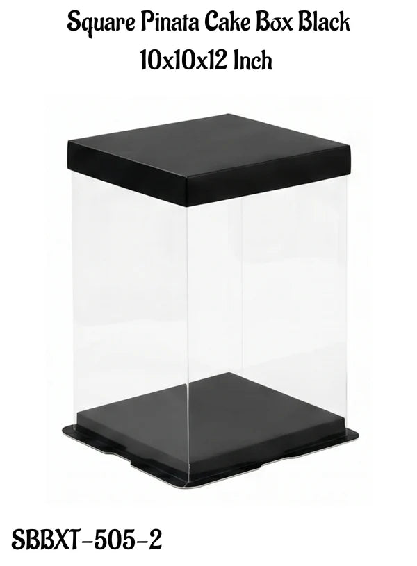 Transparent Square Pinata Cake Box With Black Base Lid (10x10x12 Inch) | Pull Me Up Cake Box | Hamper Gift Box | Clear Packaging For Tall Cakes (SBBXT-505-2) -(MOQ 50 PCS) (AAE)