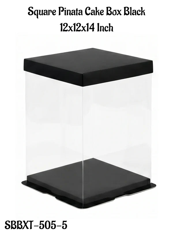 Transparent Square Pinata Cake Box With Black Base Lid (12x12x14 Inch) | Pull Me Up Cake Box | Hamper Gift Box | Clear Packaging For Tall Cakes (SBBXT-505-5) - (MOQ 50 PCS) (AMD)