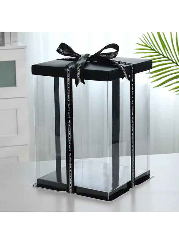 Transparent Square Pinata Cake Box With Black Base Lid (12x12x14 Inch) | Pull Me Up Cake Box | Hamper Gift Box | Clear Packaging For Tall Cakes (SBBXT-505-5) - (MOQ 50 PCS) (AMD)
