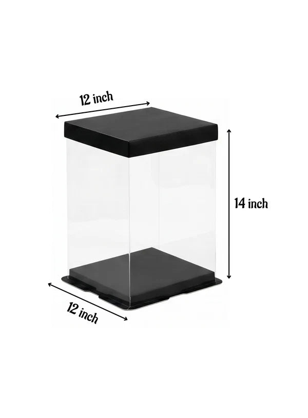 Transparent Square Pinata Cake Box With Black Base Lid (12x12x14 Inch) | Pull Me Up Cake Box | Hamper Gift Box | Clear Packaging For Tall Cakes (SBBXT-505-5) - (MOQ 50 PCS) (AMD)