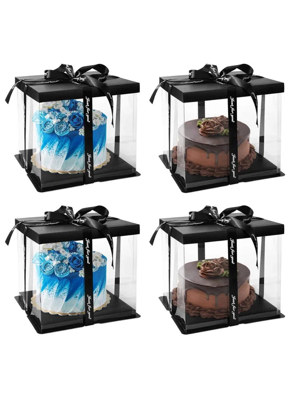 Transparent Square Pinata Cake Box With Black Base Lid (12x12x14 Inch) | Pull Me Up Cake Box | Hamper Gift Box | Clear Packaging For Tall Cakes (SBBXT-505-5) - (MOQ 50 PCS) (AMD)