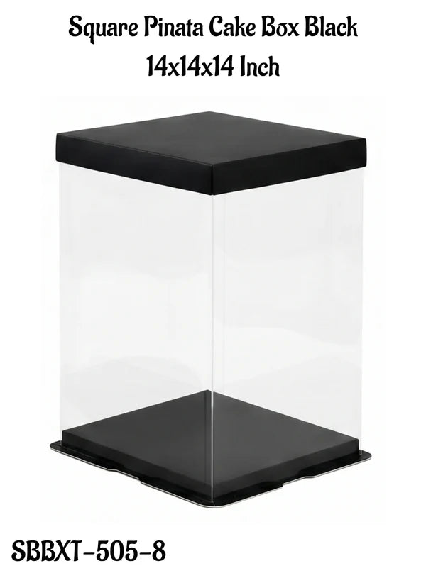 Transparent Square Pinata Cake Box With Black Base Lid (14x14x14 Inch) | Pull Me Up Cake Box | Hamper Gift Box | Clear Packaging For Tall Cakes (SBBXT-505-8) (MOQ 50 PCS) (RAD)