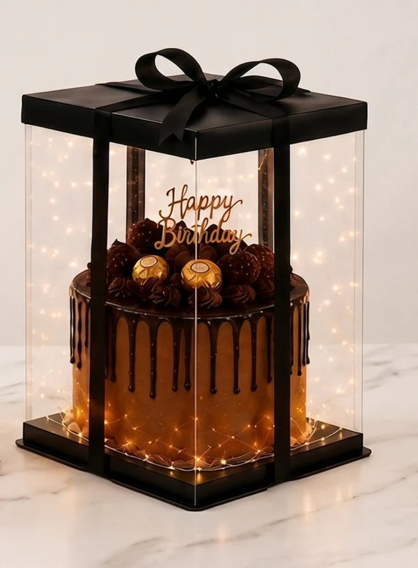Transparent Square Pinata Cake Box With Black Base Lid (14x14x14 Inch) | Pull Me Up Cake Box | Hamper Gift Box | Clear Packaging For Tall Cakes (SBBXT-505-8) (MOQ 50 PCS) (RAD)