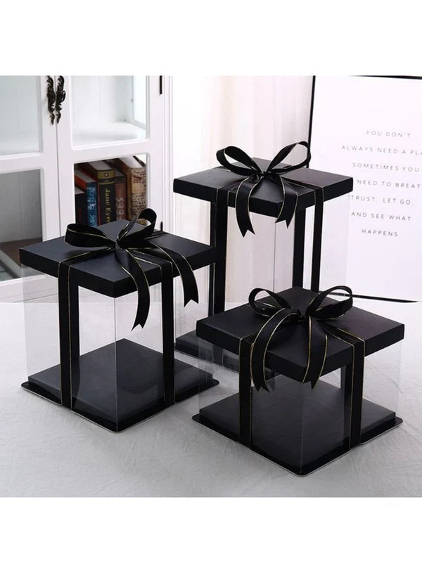 Transparent Square Pinata Cake Box With Black Base Lid (14x14x14 Inch) | Pull Me Up Cake Box | Hamper Gift Box | Clear Packaging For Tall Cakes (SBBXT-505-8) (MOQ 50 PCS) (RAD)