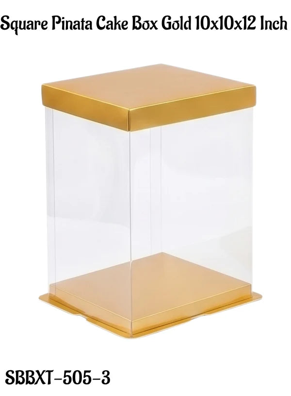 Transparent Square Pinata Cake Box With Gold Base Lid (10x10x12 Inch) | Pull Me Up Cake Box | Hamper Gift Box | Clear Packaging For Tall Cakes (SBBXT-505-3) - (MOQ 50 PCS) (ARE)