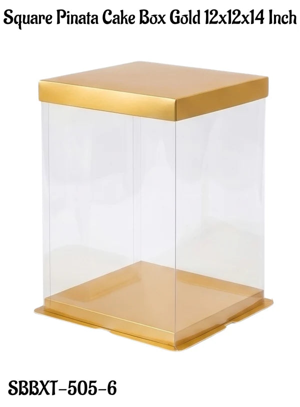 Transparent Square Pinata Cake Box With Gold Base Lid (12x12x14 Inch) | Pull Me Up Cake Box | Hamper Gift Box | Clear Packaging For Tall Cakes (SBBXT-505-6) -(MOQ 50 PCS) (AOD)