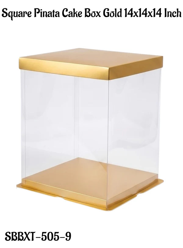 Transparent Square Pinata Cake Box With Gold Base Lid (14x14x14 Inch) | Pull Me Up Cake Box | Hamper Gift Box | Clear Packaging For Tall Cakes (SBBXT-505-9) - (MOQ 50 PCS) (RRD)