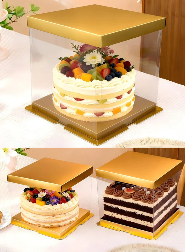 Transparent Square Pinata Cake Box With Gold Base Lid (14x14x14 Inch) | Pull Me Up Cake Box | Hamper Gift Box | Clear Packaging For Tall Cakes (SBBXT-505-9) - (MOQ 50 PCS) (RRD)