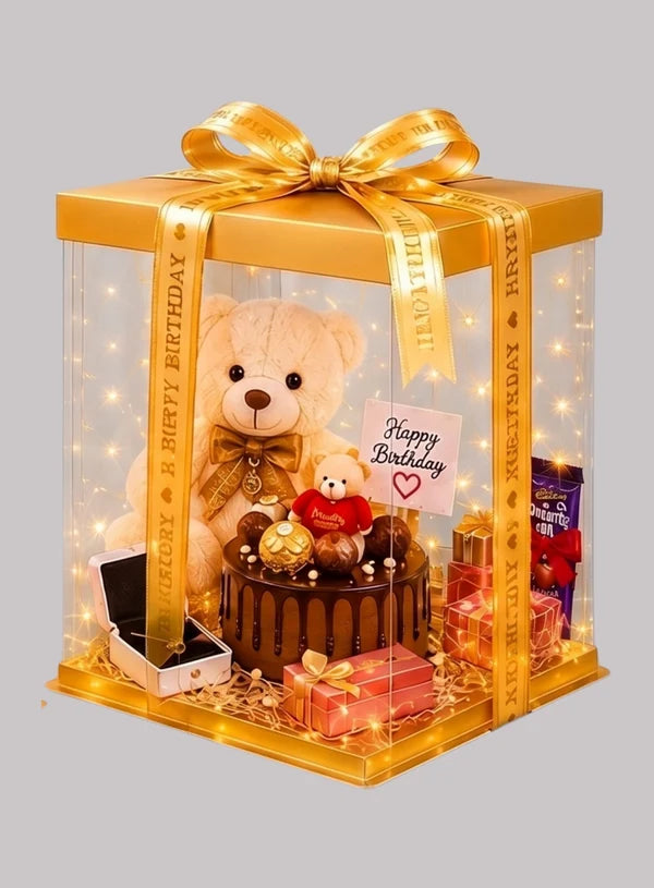 Transparent Square Pinata Cake Box With Gold Base Lid (14x14x14 Inch) | Pull Me Up Cake Box | Hamper Gift Box | Clear Packaging For Tall Cakes (SBBXT-505-9) - (MOQ 50 PCS) (RRD)