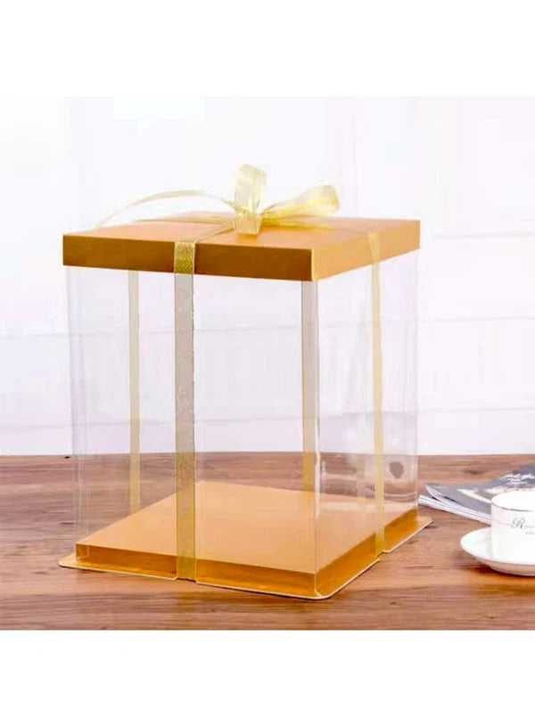 Transparent Square Pinata Cake Box With Gold Base Lid (14x14x14 Inch) | Pull Me Up Cake Box | Hamper Gift Box | Clear Packaging For Tall Cakes (SBBXT-505-9) - (MOQ 50 PCS) (RRD)