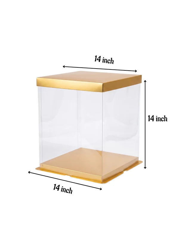 Transparent Square Pinata Cake Box With Gold Base Lid (14x14x14 Inch) | Pull Me Up Cake Box | Hamper Gift Box | Clear Packaging For Tall Cakes (SBBXT-505-9) - (MOQ 50 PCS) (RRD)