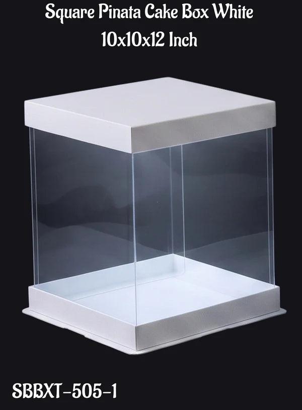 Transparent Square Pinata Cake Box With White Base Lid (10x10x12 Inch) | Pull Me Up Cake Box | Hamper Gift Box | Clear Packaging For Tall Cakes (SBBXT-505-1) - (MOQ 50 PCS) (AAE)