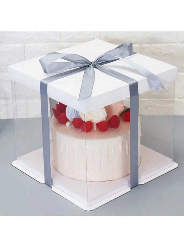 Transparent Square Pinata Cake Box With White Base Lid (10x10x12 Inch) | Pull Me Up Cake Box | Hamper Gift Box | Clear Packaging For Tall Cakes (SBBXT-505-1) - (MOQ 50 PCS) (AAE)
