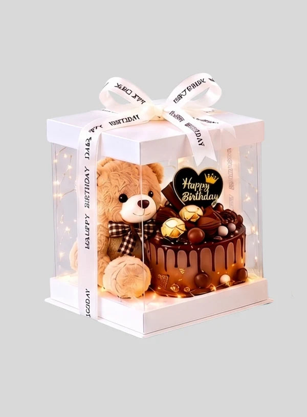 Transparent Square Pinata Cake Box With White Base Lid (10x10x12 Inch) | Pull Me Up Cake Box | Hamper Gift Box | Clear Packaging For Tall Cakes (SBBXT-505-1) - (MOQ 50 PCS) (AAE)