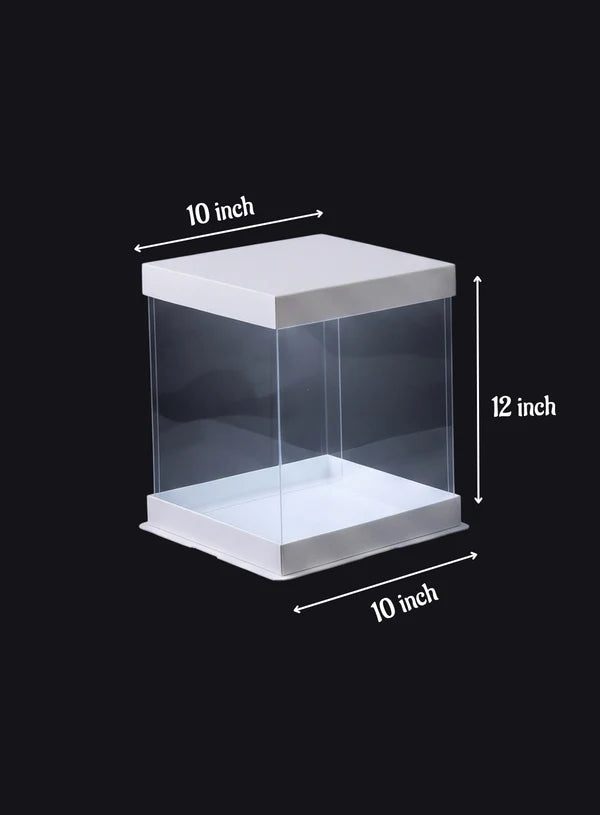 Transparent Square Pinata Cake Box With White Base Lid (10x10x12 Inch) | Pull Me Up Cake Box | Hamper Gift Box | Clear Packaging For Tall Cakes (SBBXT-505-1) - (MOQ 50 PCS) (AAE)