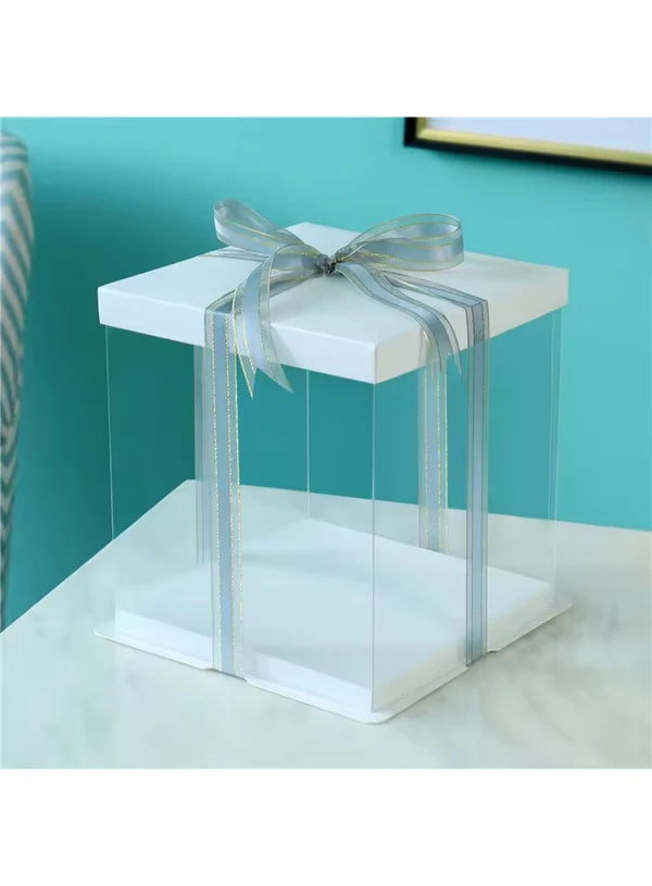 Transparent Square Pinata Cake Box With White Base Lid (10x10x12 Inch) | Pull Me Up Cake Box | Hamper Gift Box | Clear Packaging For Tall Cakes (SBBXT-505-1) - (MOQ 50 PCS) (AAE)