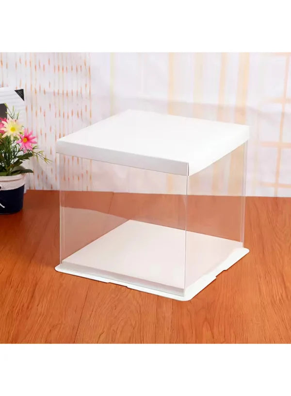 Transparent Square Pinata Cake Box With White Base Lid (10x10x12 Inch) | Pull Me Up Cake Box | Hamper Gift Box | Clear Packaging For Tall Cakes (SBBXT-505-1) - (MOQ 50 PCS) (AAE)