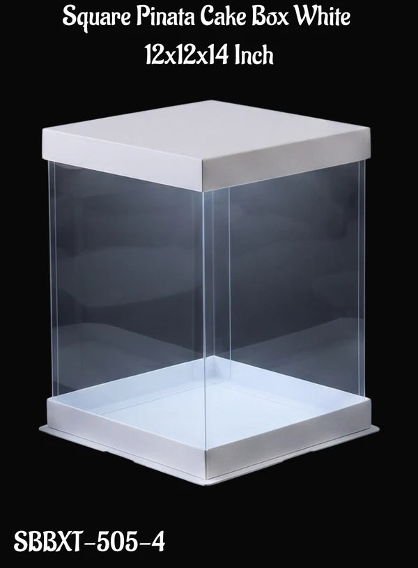 Transparent Square Pinata Cake Box With White Base Lid (12x12x14 Inch) | Pull Me Up Cake Box | Hamper Gift Box | Clear Packaging For Tall Cakes (SBBXT-505-4) (MOQ 50 PCS)  (AMD)