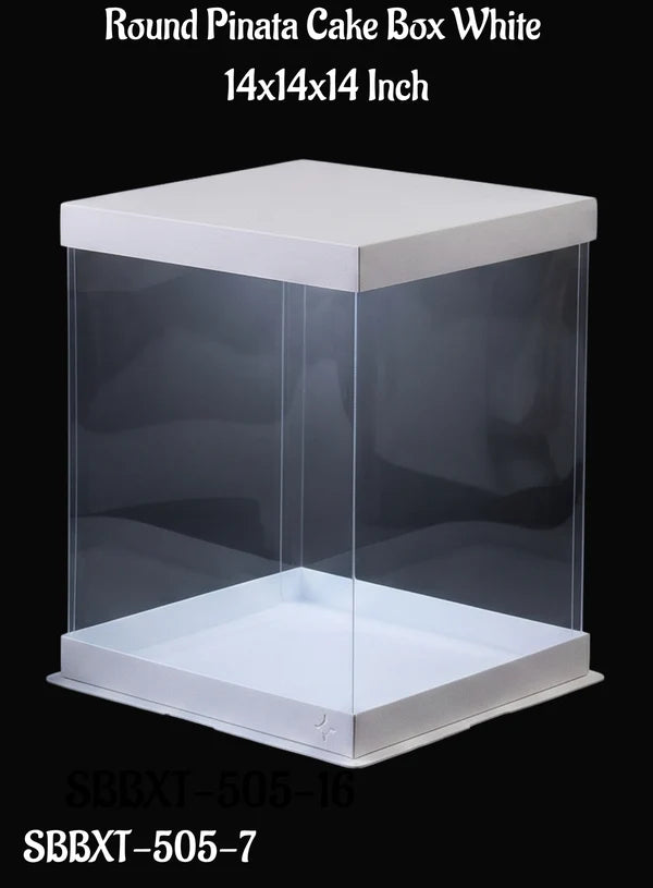 Transparent Square Pinata Cake Box With White Base Lid (14x14x14 Inch) | Pull Me Up Cake Box | Hamper Gift Box | Clear Packaging For Tall Cakes (SBBXT-505-7) - (MOQ 50 PCS) (RAD)