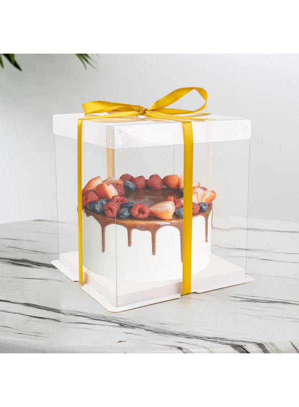 Transparent Square Pinata Cake Box With White Base Lid (14x14x14 Inch) | Pull Me Up Cake Box | Hamper Gift Box | Clear Packaging For Tall Cakes (SBBXT-505-7) - (MOQ 50 PCS) (RAD)