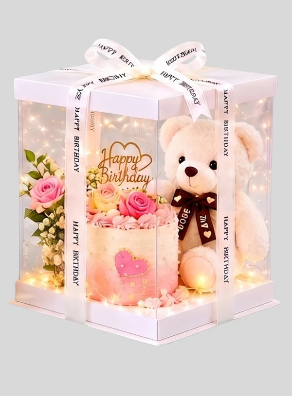 Transparent Square Pinata Cake Box With White Base Lid (14x14x14 Inch) | Pull Me Up Cake Box | Hamper Gift Box | Clear Packaging For Tall Cakes (SBBXT-505-7) - (MOQ 50 PCS) (RAD)