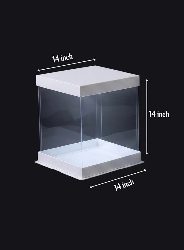 Transparent Square Pinata Cake Box With White Base Lid (14x14x14 Inch) | Pull Me Up Cake Box | Hamper Gift Box | Clear Packaging For Tall Cakes (SBBXT-505-7) - (MOQ 50 PCS) (RAD)