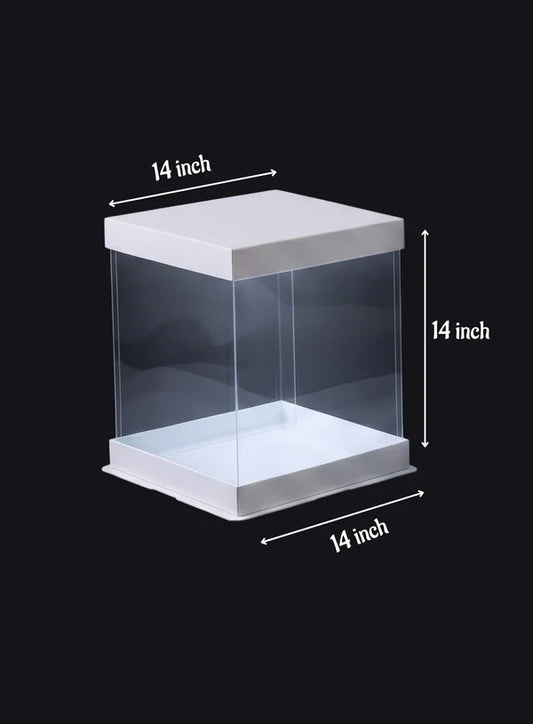 Transparent Square Pinata Cake Box With White Base Lid (14x14x14 Inch) | Pull Me Up Cake Box | Hamper Gift Box | Clear Packaging For Tall Cakes (SBBXT-505-7) - (MOQ 50 PCS) (RAD)