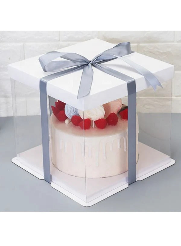 Transparent Square Pinata Cake Box With White Base Lid (14x14x14 Inch) | Pull Me Up Cake Box | Hamper Gift Box | Clear Packaging For Tall Cakes (SBBXT-505-7) - (MOQ 50 PCS) (RAD)